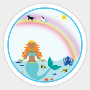 Mermaid in Sea with fish octopus crabs turtles unicorns and rainbow Sticker